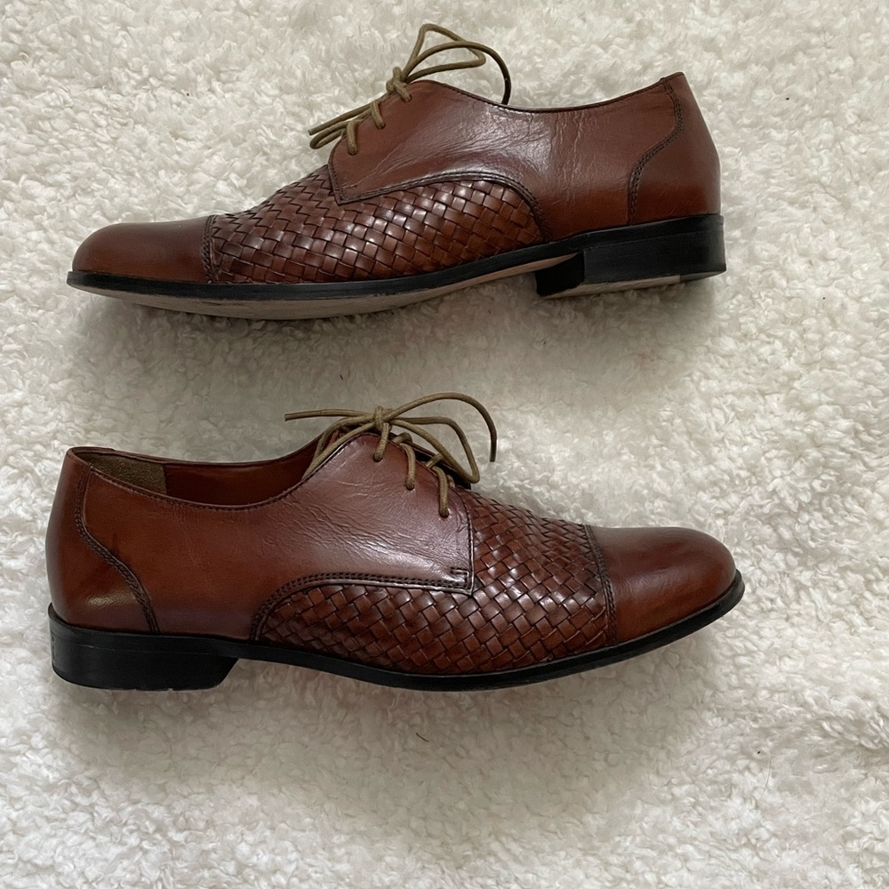 Cole Haan tan woven leather lace up loafer